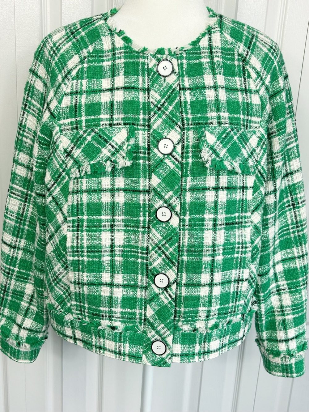 Cabi Green & White Check Plaid Tweed Fringe Library Blazer Jacket Medium